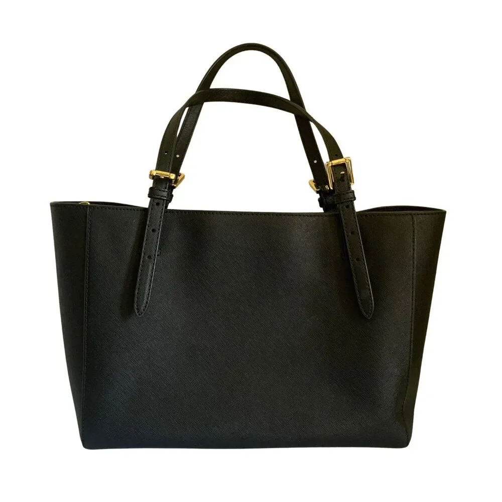 Tory Burch Black Saffiano Leather Tote Bag Triple Compartment Gold Logo Shoulder